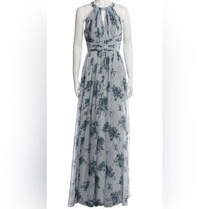 Marchesa Notte • Blue & Silver Floral Maxi Dress with open back • size 6